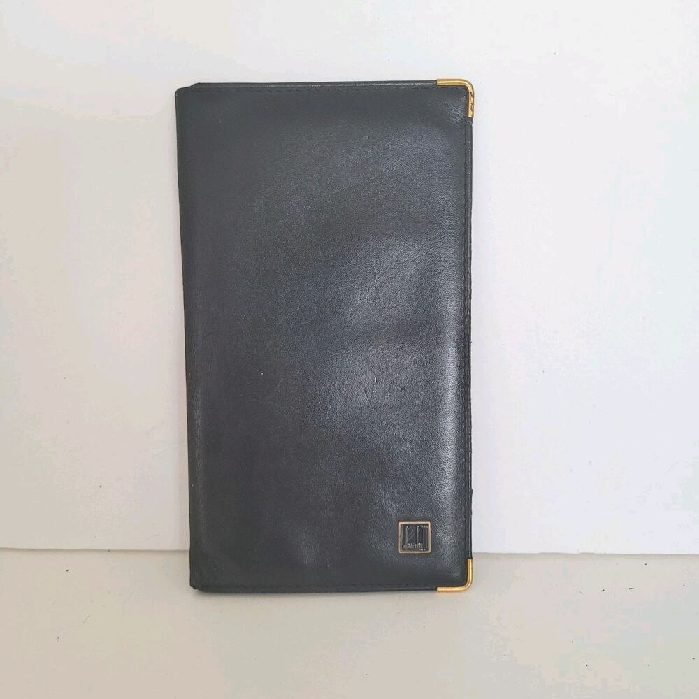 Dunhill Designer‎ Checkbook Card Bill Holder Wallet Black Bifold Leather Retro